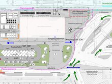Lageplan mit der Gestaltung des zukünftigen Bahnhofsumfeldes.